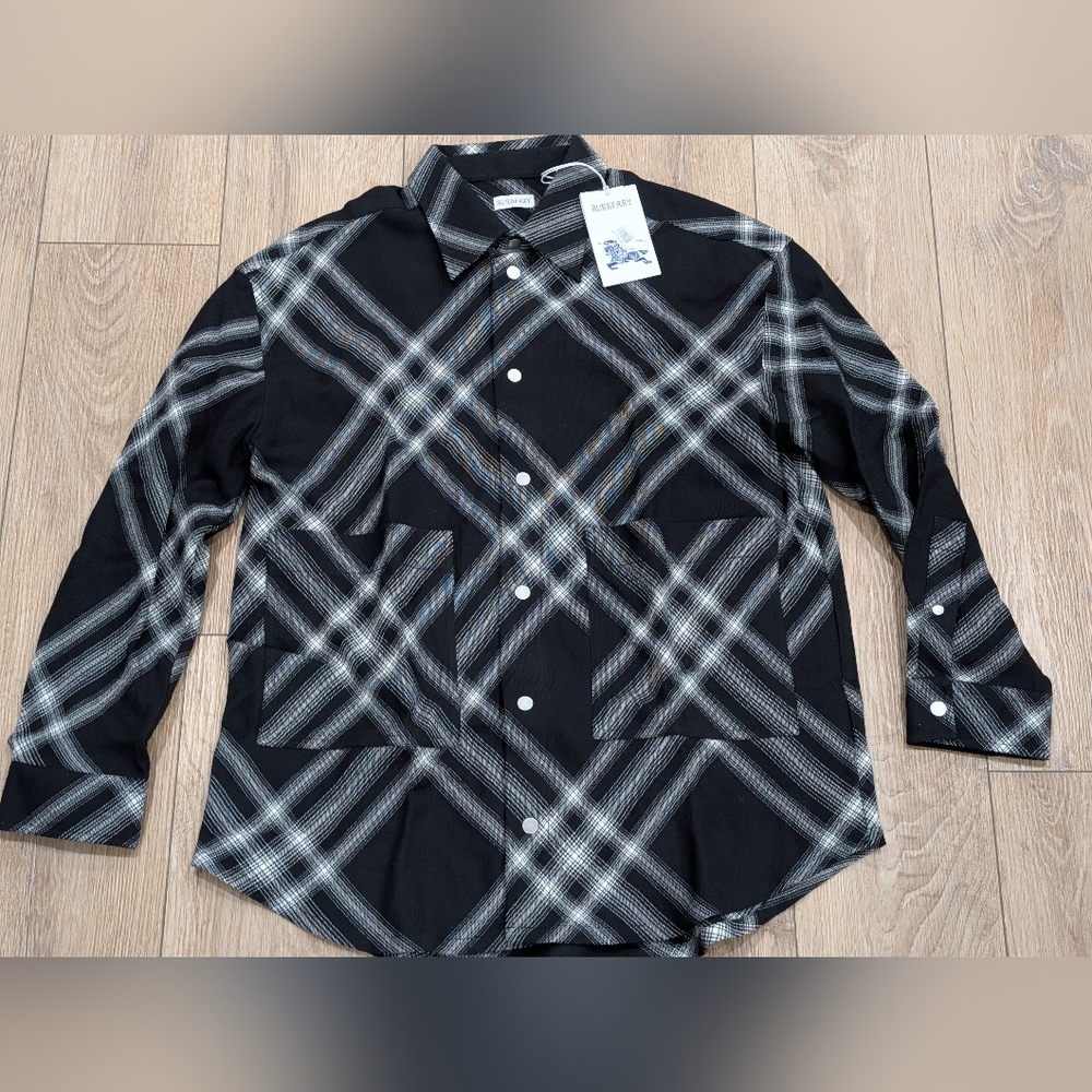 $1890 Mens Burberry Wool Oversize Check Patterned Overshirt Monochrome Medium